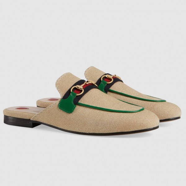 Princetown Canvas Green Leather Slippers