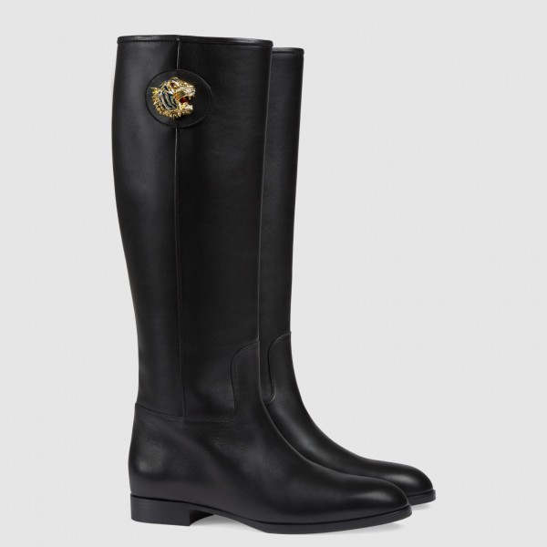 Black Leather Tiger Head Boots