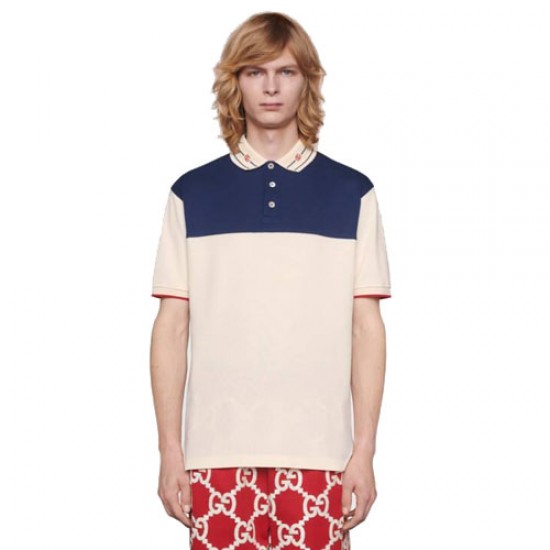 Embroidered Collar Polo Shirt White Blue