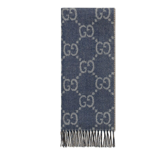 GG jacquard fringed knitted scarf blue